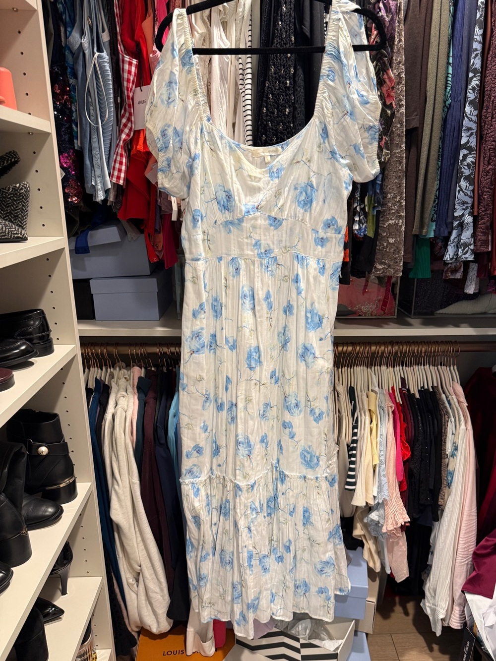 LoveShackFancy White Midi Dress with Blue Floral Print
